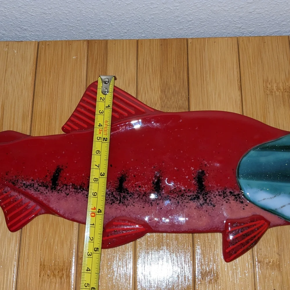 Art Fused Glass Salmon Wall Sculpture Signed Red Blue Fish Artisan Sardine New